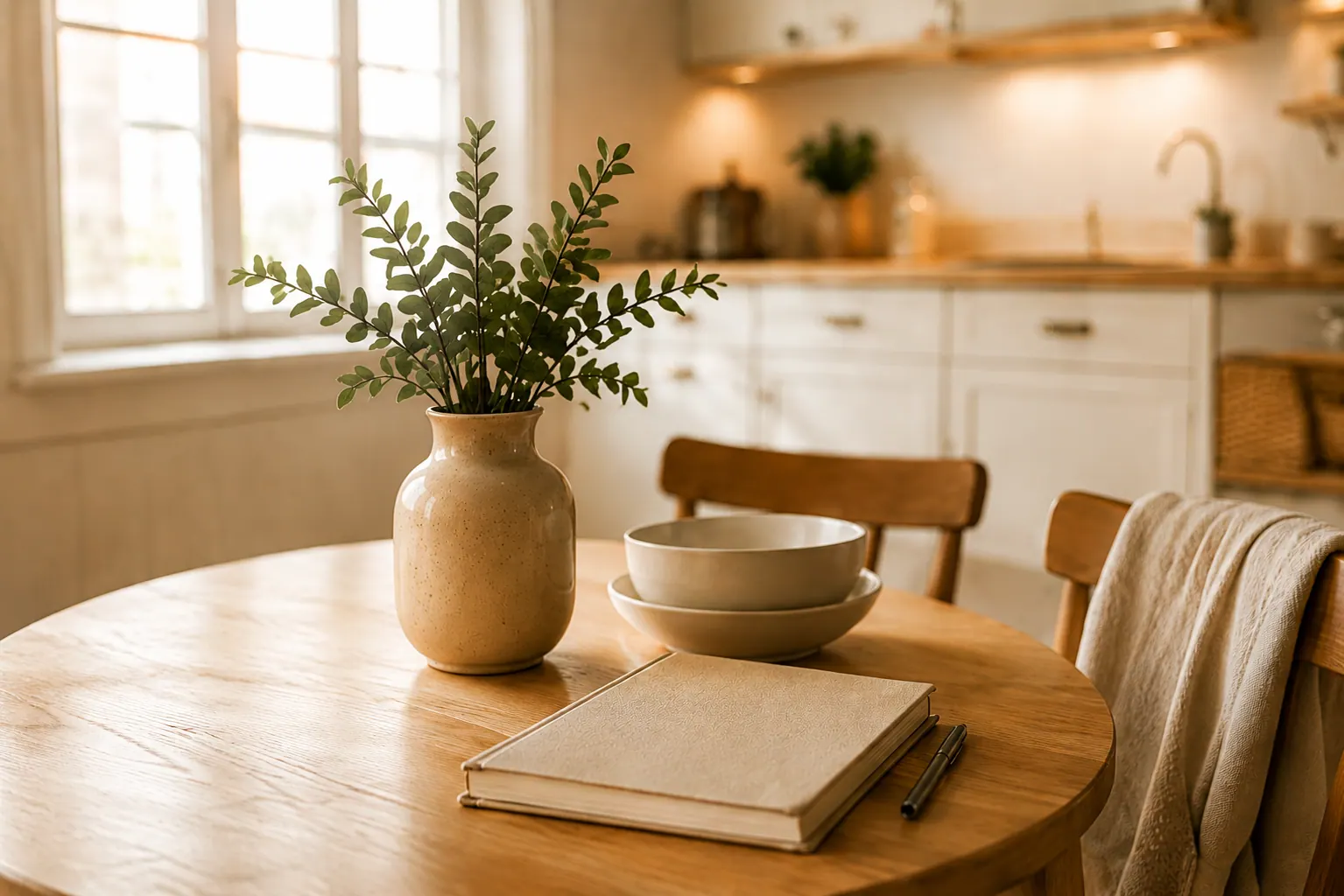Table avec plante, tasse et cahier Crème