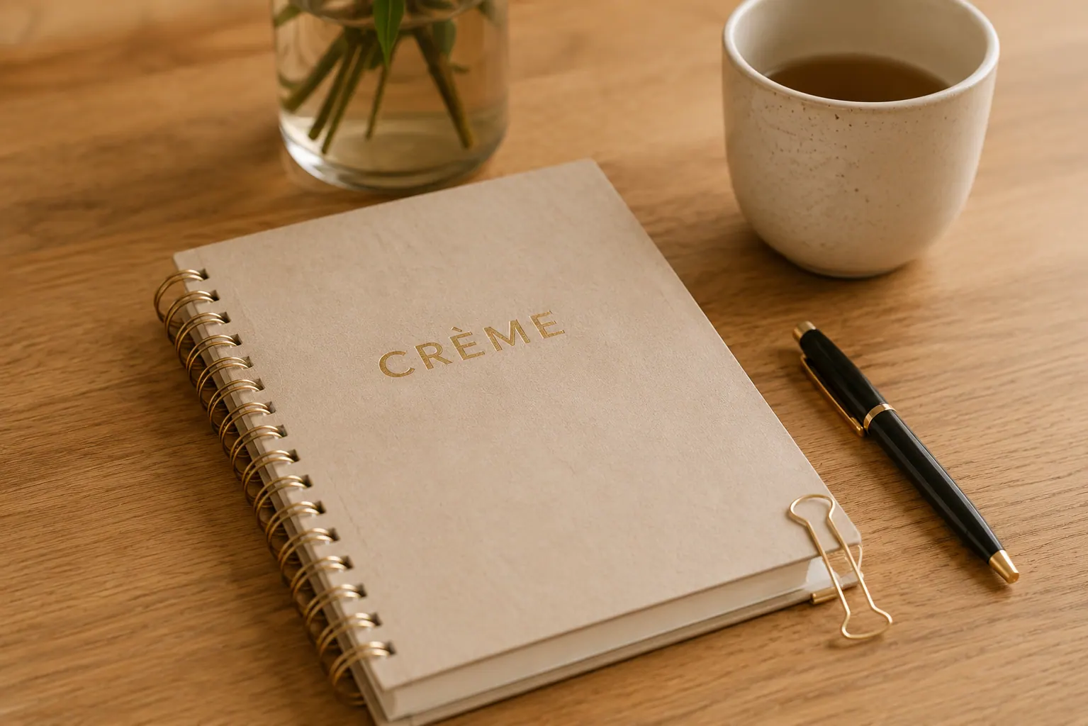 Cahier Crème posé sur une table