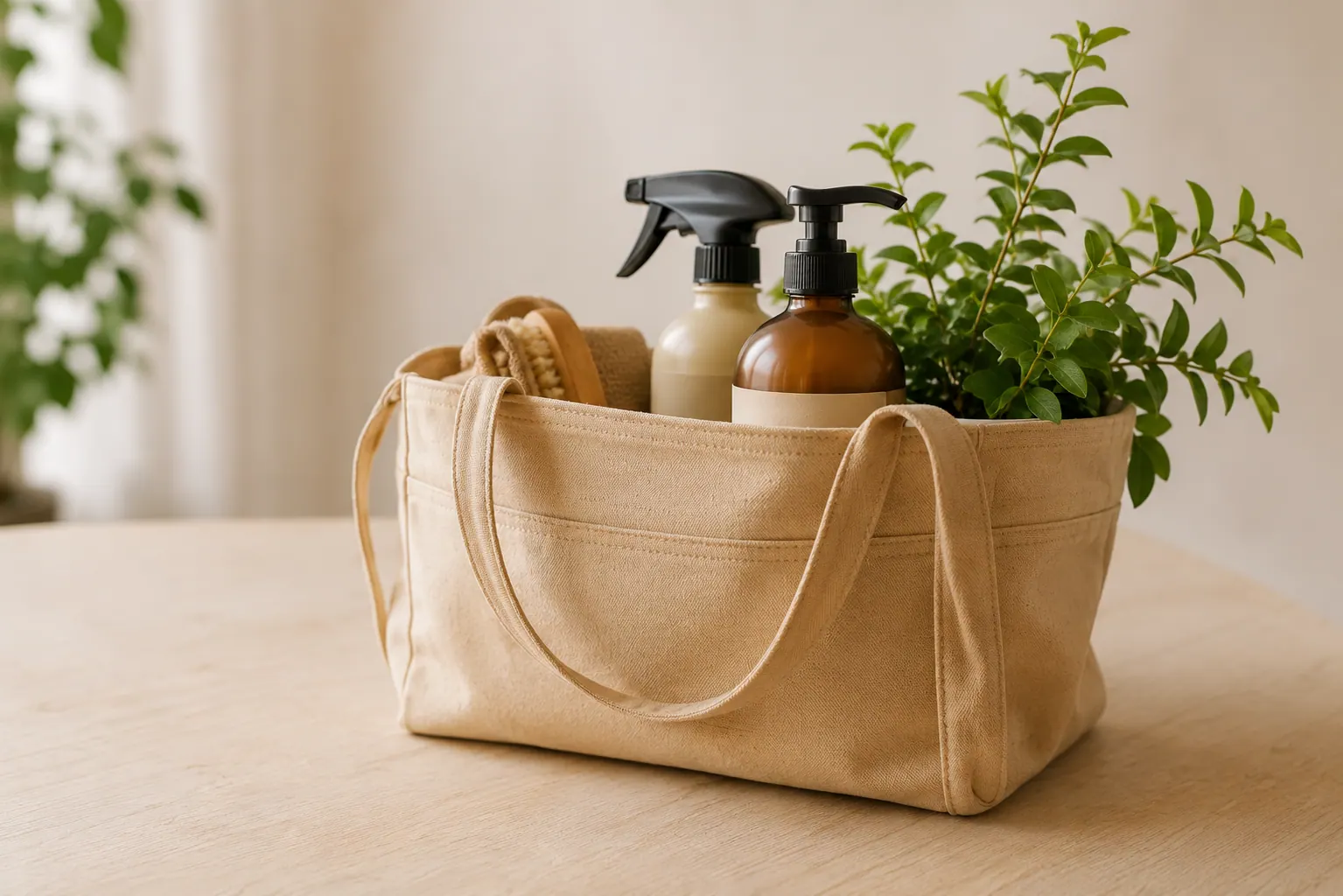 Sac avec produits ménagers et plante